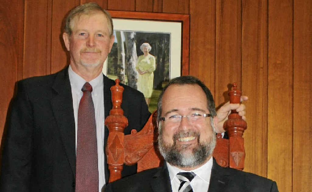Southern Downs new mayor Peter Blundell seated in council chambers with deputy Ross Bartley. Southern Downs new mayor Peter Blundell seated in council chambers with deputy Ross Bartley.